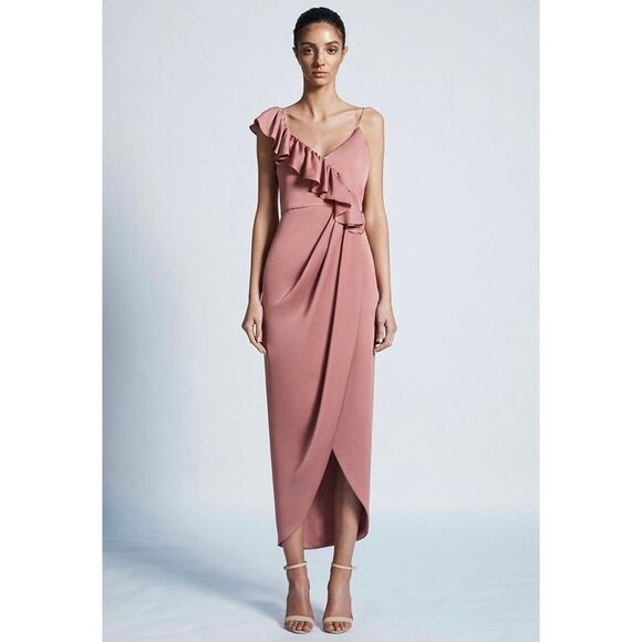 Shonna‎ Joy Luxe Frill Asymmetrical Midi Dress in Rosé Size 6 - Picture 1 of 12